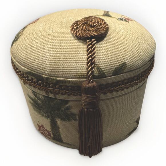 Coastal Design Tapestry Covered Oval Trinket Jewelry Sewing Box - Picture 2 of 8